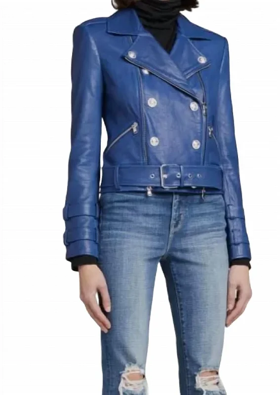 Billie Belted Leather Jacket In Pacific Blue