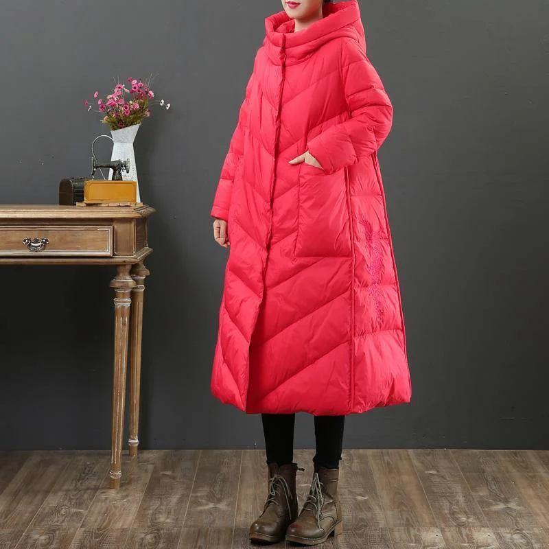 Casual red down coat winter plus size pockets womens parka hooded Luxury coats