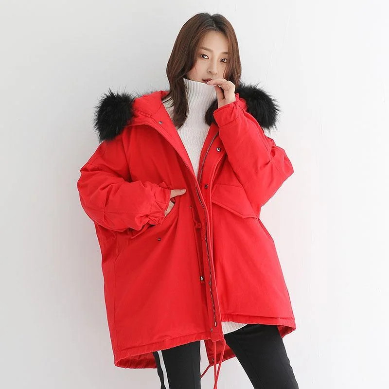 Casual red duck down coat oversize back open snow jackets fur collar winter outwear