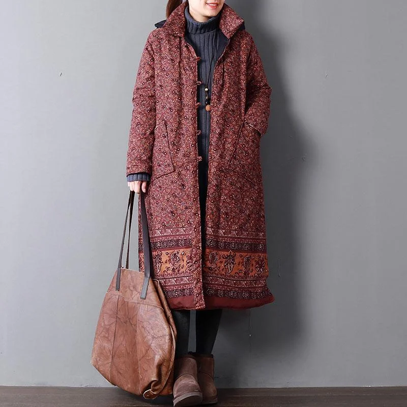 Casual red print women plus size hooded Warm pockets Button cotton coats