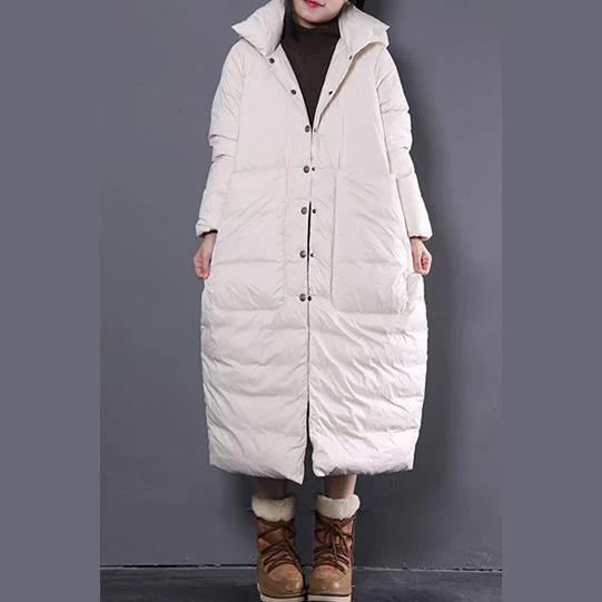 Casual white winter oversize hooded down coat large pockets trench down coat