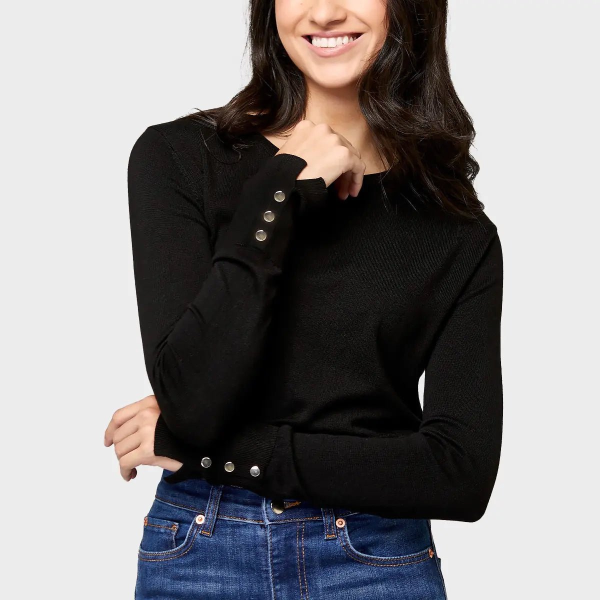 Soft Touch Crew Neck Black Button Detail Jumper