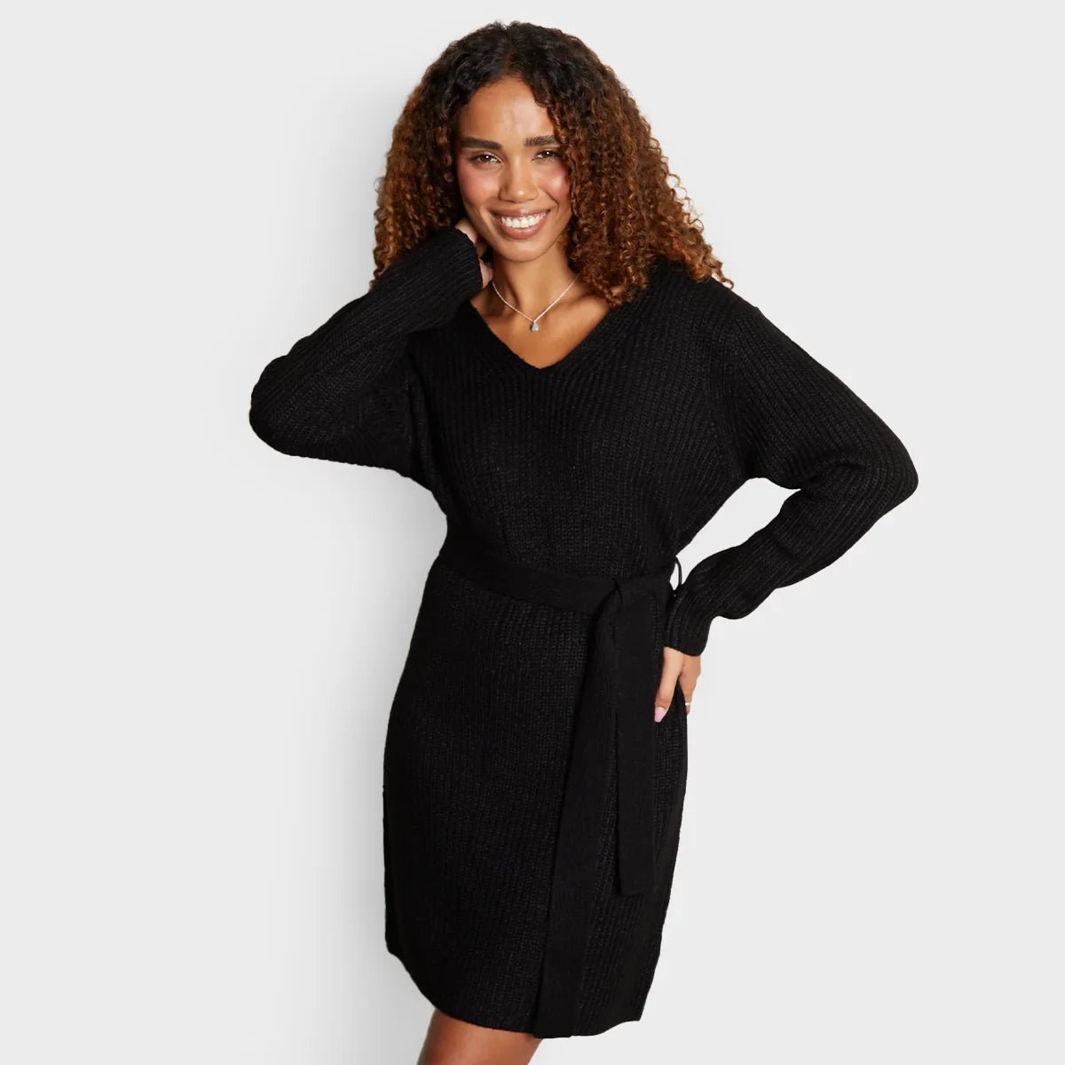 Ladies V Neck Belted Knitted Dress