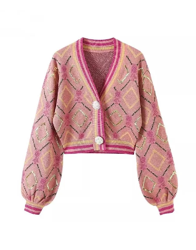 Pink Sequin Patterned Cropped Cardigan