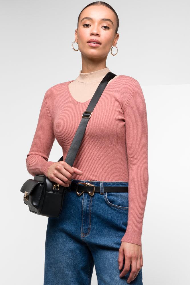 Rib Long Sleeve V-Neck T-Shirt Pink