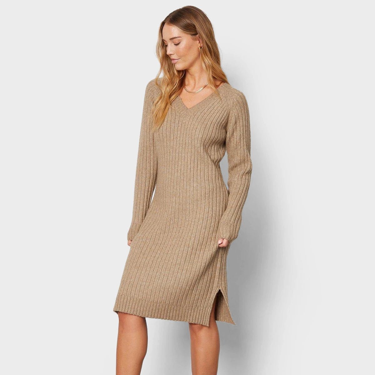 Threadbare Ladies V Neck Midi Dress Camel