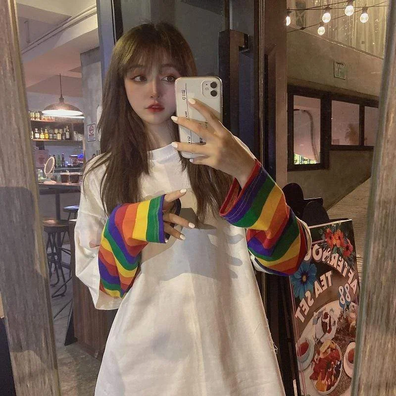 Women's Cute False Two Pieces Rainbow Stripes Shirts