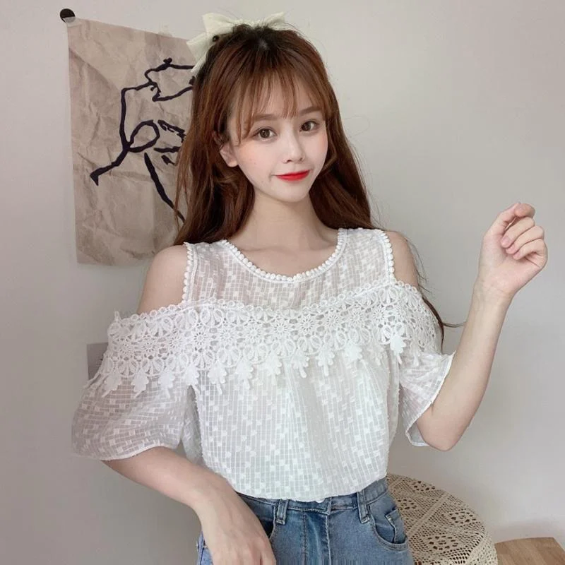 Women's Kawaii Round Collar Off-shoulder Loose Shirts