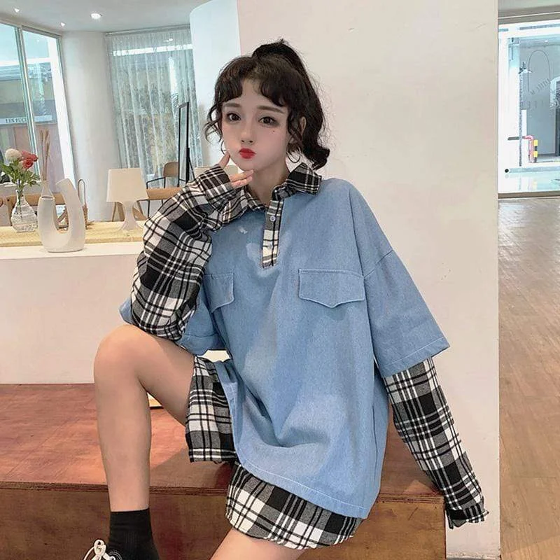 Women's Korean Fashion False Two-piece Loose Denim Shirts