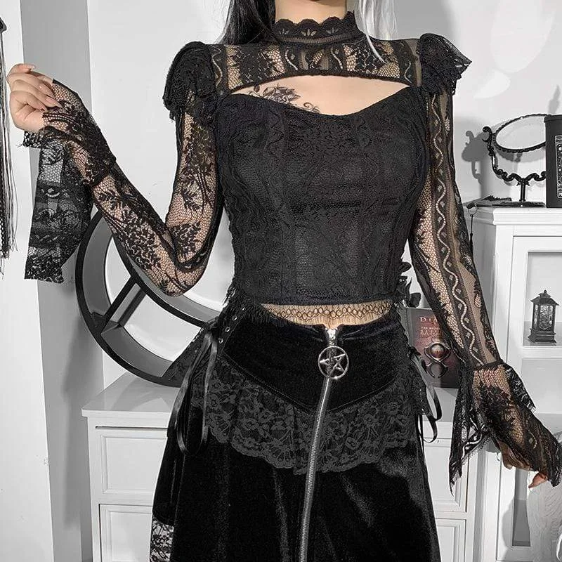 Women's Gothic Cutout Lace Splice Sheer Shirt