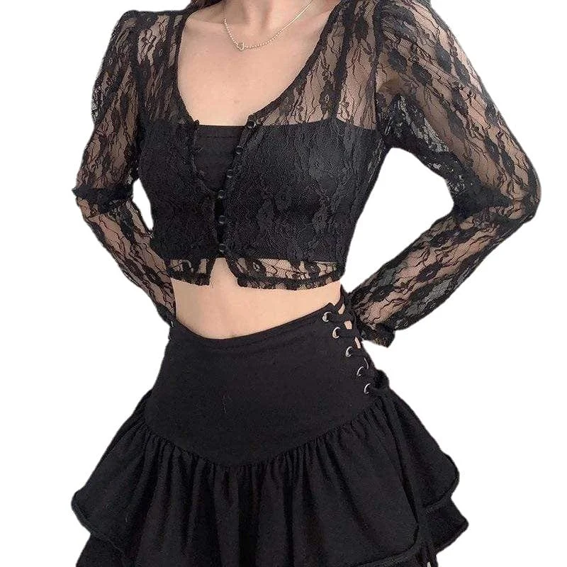 Women's Gothic Floral Lace Sheer Short Shirt