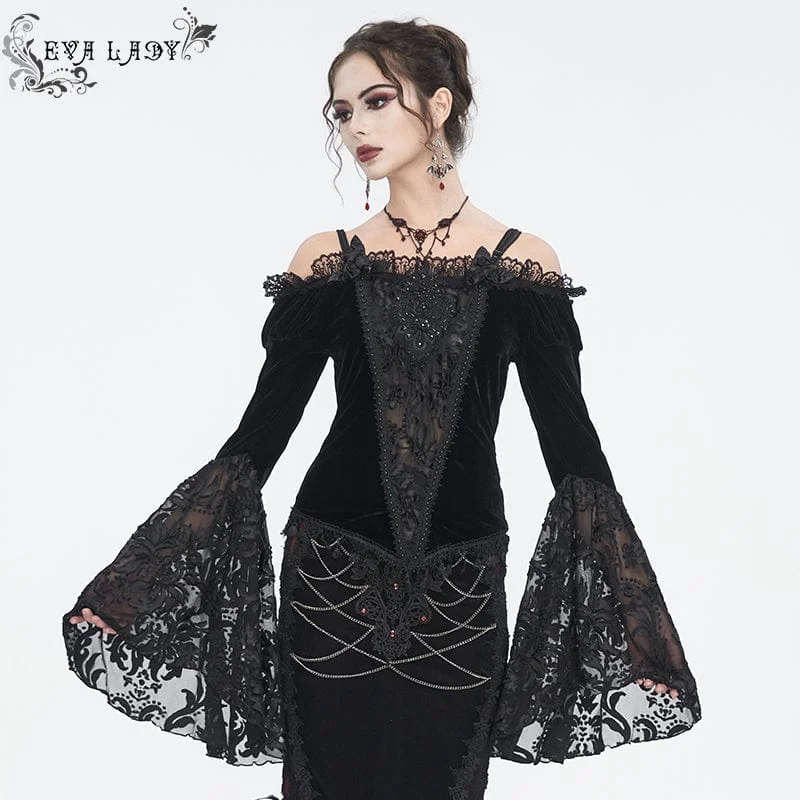 Women's Gothic Off Shoulder Lace Splice Velvet Shirt Black