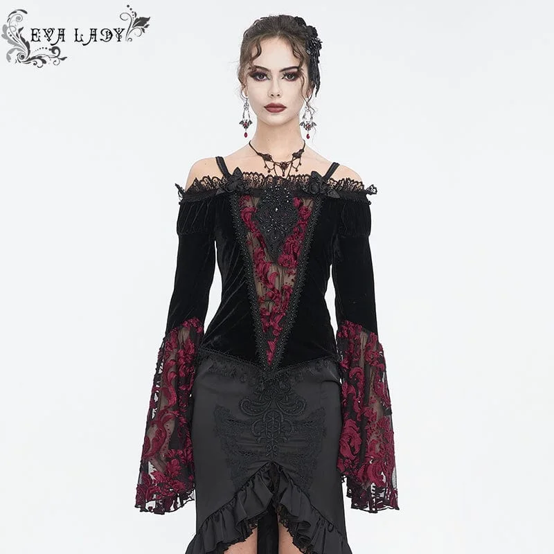 Women's Gothic Off Shoulder Lace Splice Velvet Shirt Red