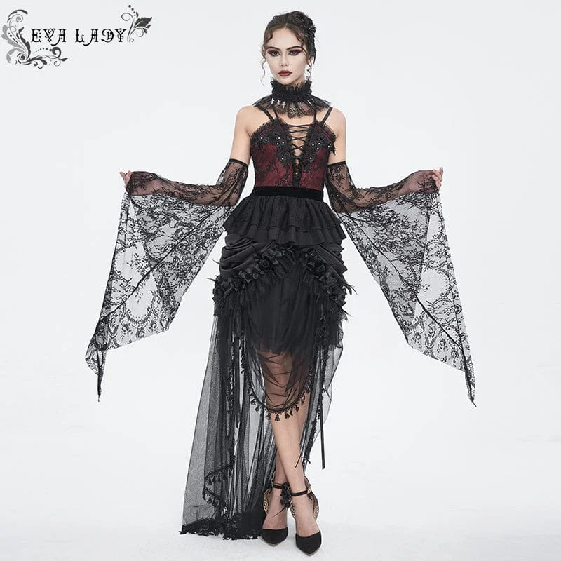 Women's Gothic Plunging Layered Lace Shirt with Oversleeves