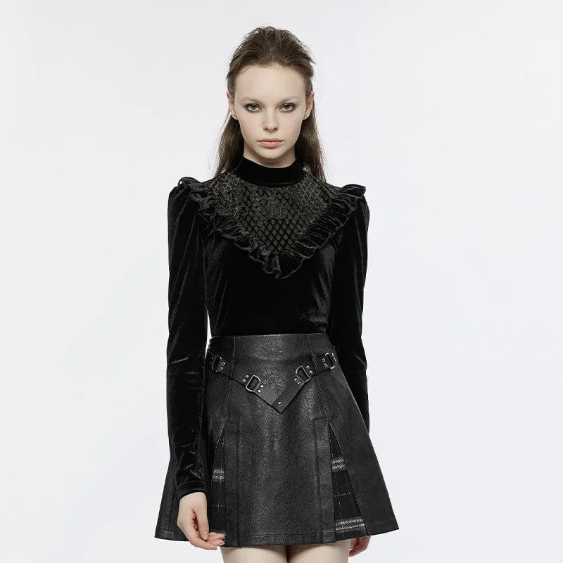 Women's Gothic Stand Collar Ruffled Velvet Shirt