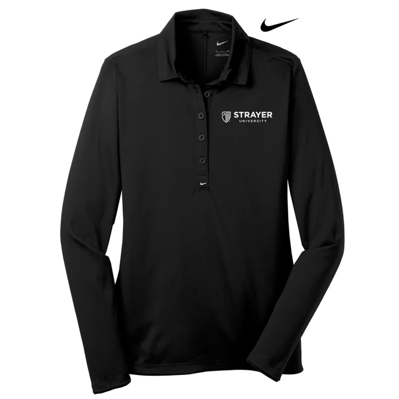 NEW STRAYER Nike Ladies Long Sleeve Dri-FIT Stretch Tech Polo - BLACK