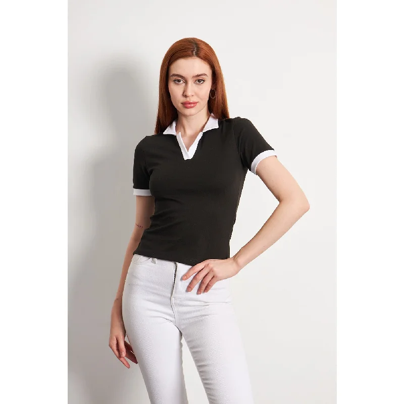 Black White Rib Knit Polo