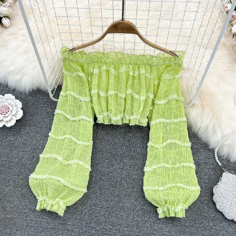 Cute Ruffled Ruffled Lantern Sleeve Chiffon Shirt Cropped Top    S197