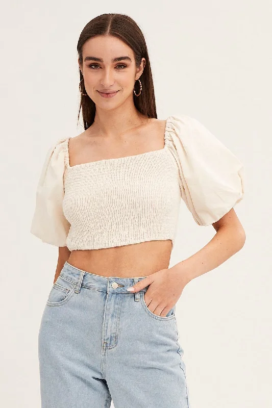 White Linen Blend Half Sleeve Shirred Cropped Top