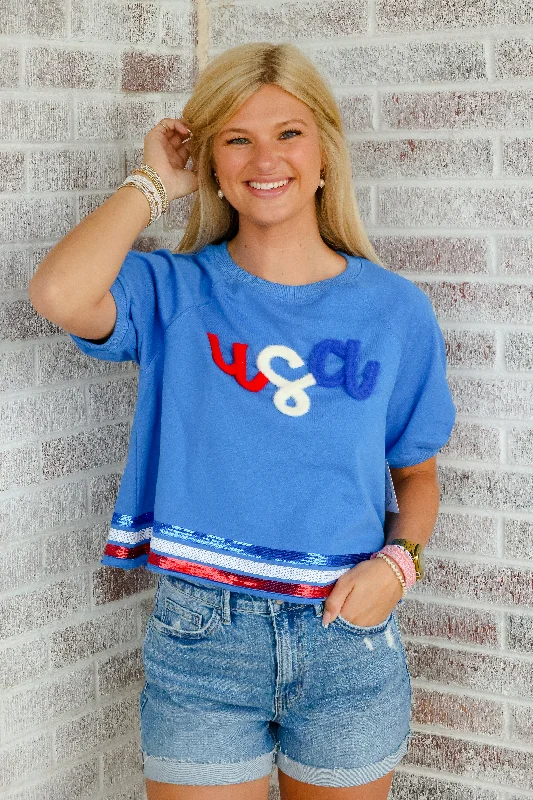 Wild Indigo - Yankee Doodle USA Embroidery Puff Sleeve Crop Top