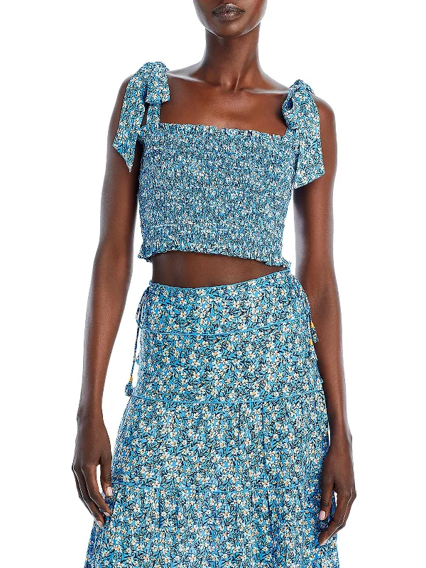 Womens Floral Print Smocked Cropped