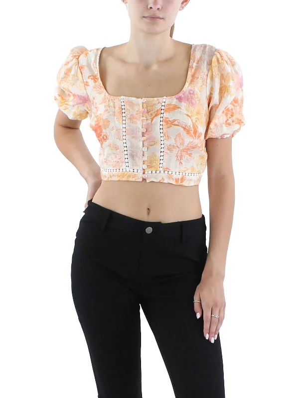 Womens Square Neck Puff Sleeve Cropped