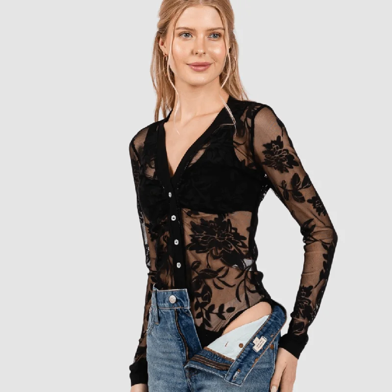 Floral Lace Sheer Bodysuit in Black Made in USA