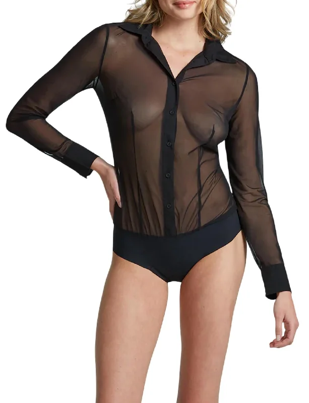 Mesh Button Down Bodysuit In Black