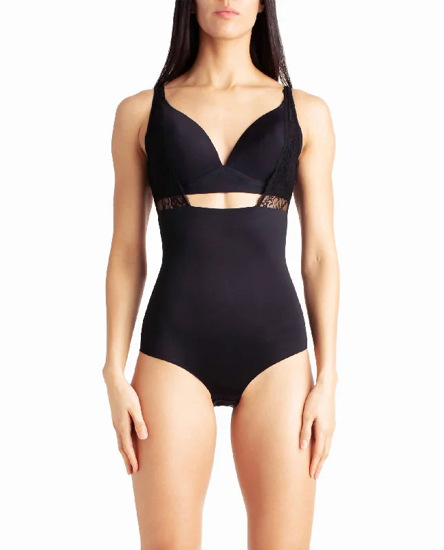 Wear-Your-Own-Bra Lace Trim Scuba Bodysuit In Black