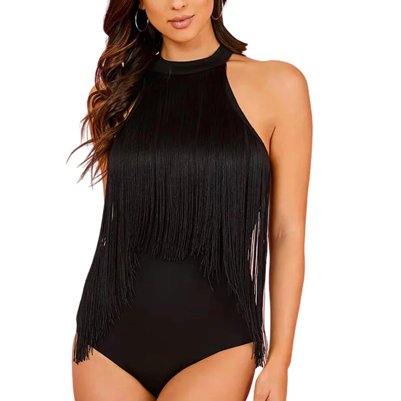 Womens Fringe Trim Sleeveless Bodycon Halter Bodysuit Top