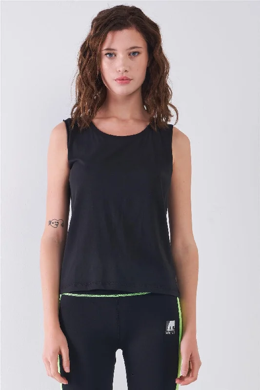 Black Solid Sleeveless Raw Hem Detail Round Neck Basic Tank Top