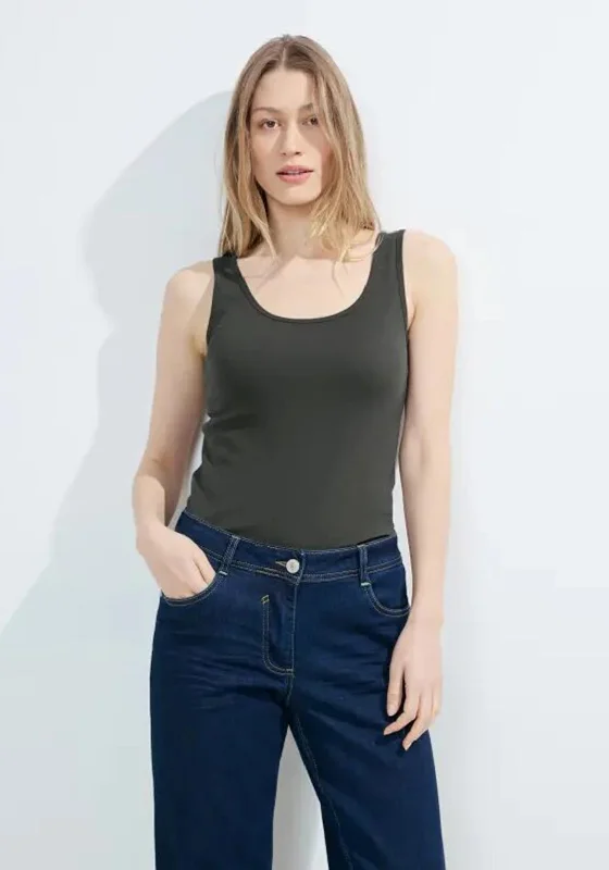 Cecil Round Neck Basic Vest Top, Strong Khaki