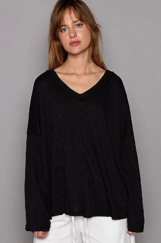 Black Oversize V-Neck Long Sleeve Solid Basic Top