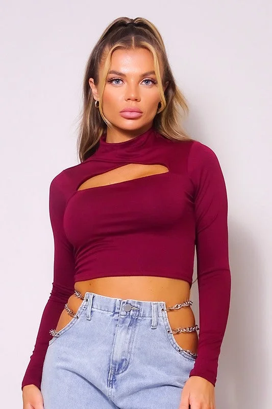 Burgundy Sexy Long Sleeve Mock Neck Basic Crop Top