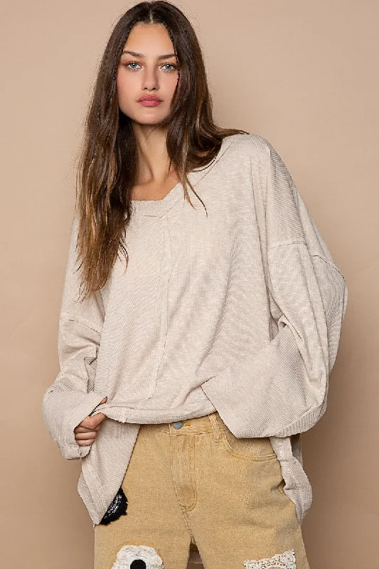 Toasted Almond Oversize V-Neck Long Sleeve Solid Basic Top